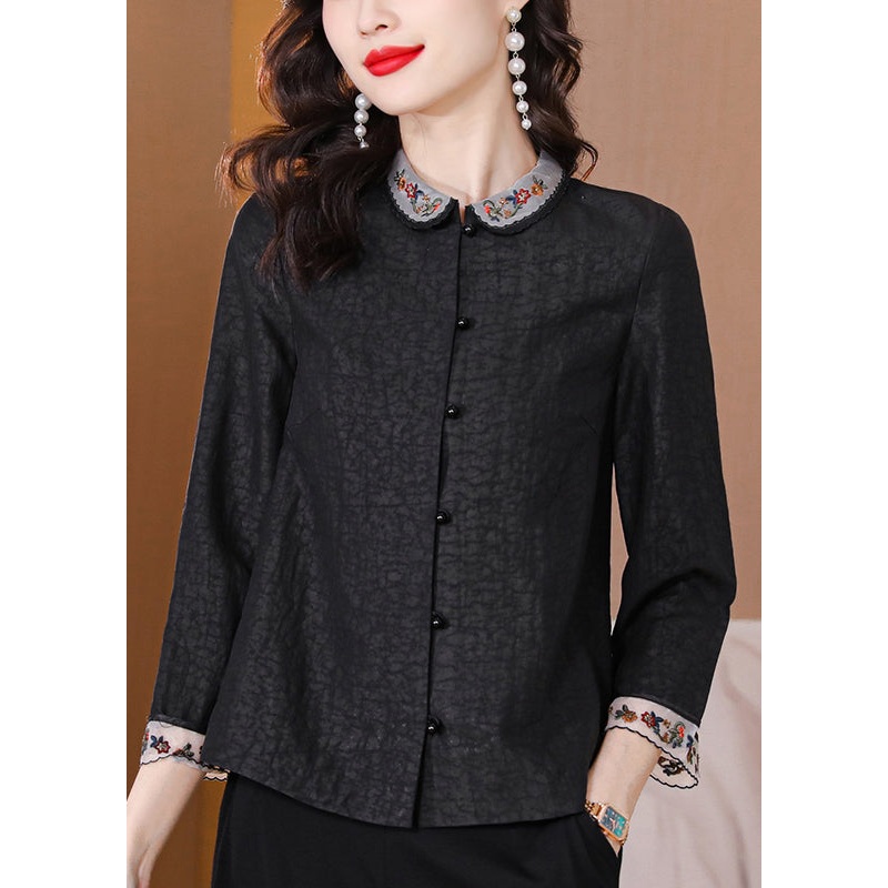 Vintage Black Embroideried Patchwork Silk Top Bracelet Sleeve
