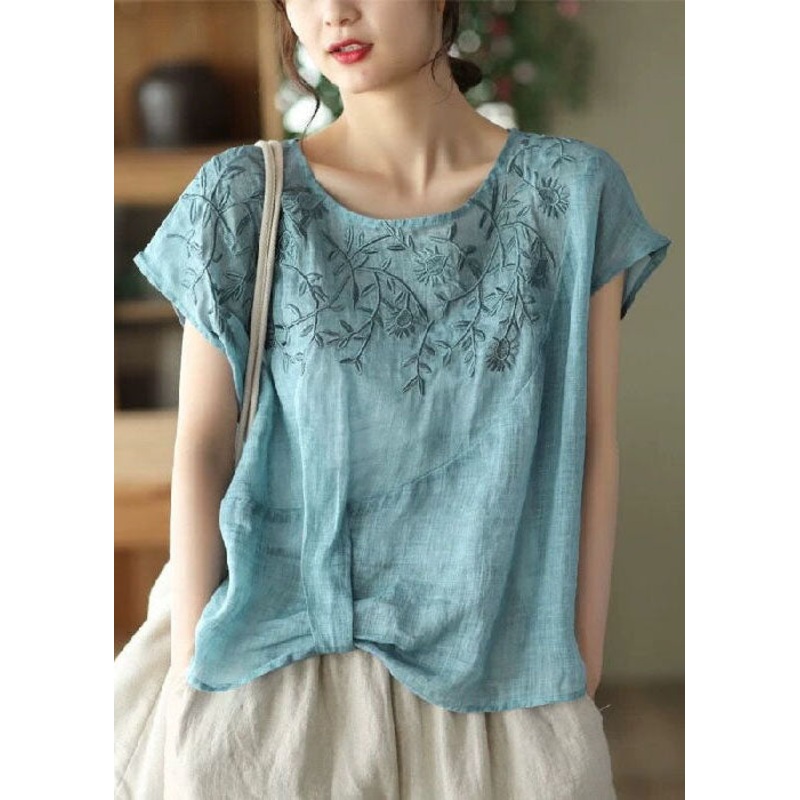 Vintage Blue O-Neck Embroideried Linen Tanks Summer