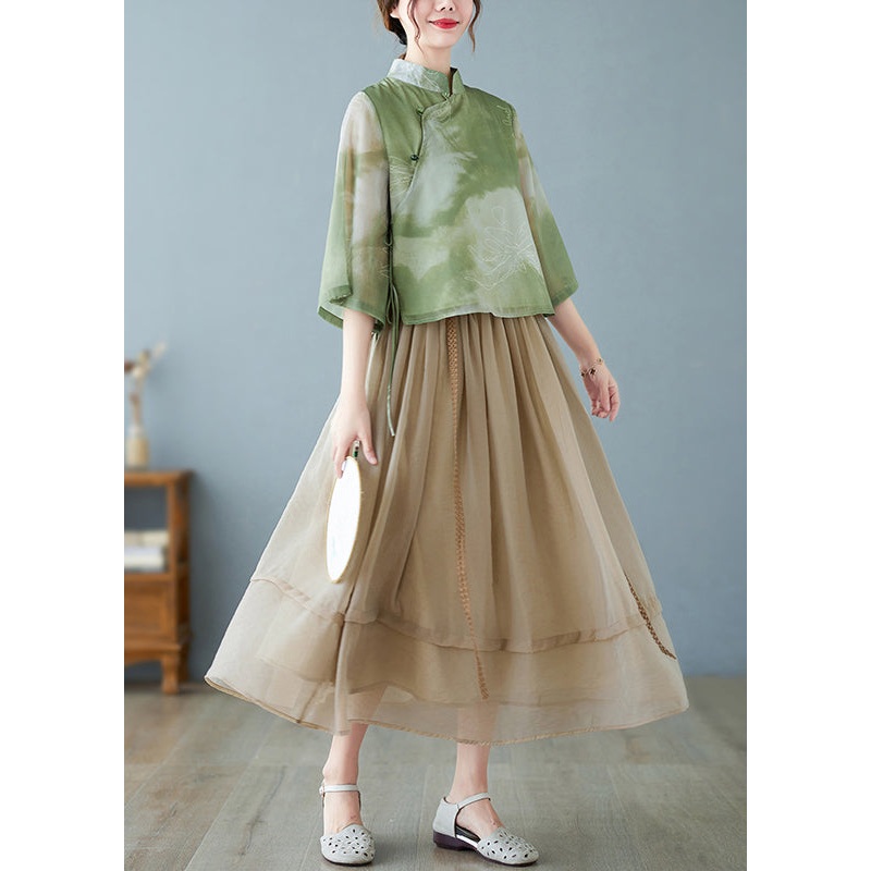 Vintage Green Print Chiffon Chinese Style Two Piece Set Women Clothing Summer