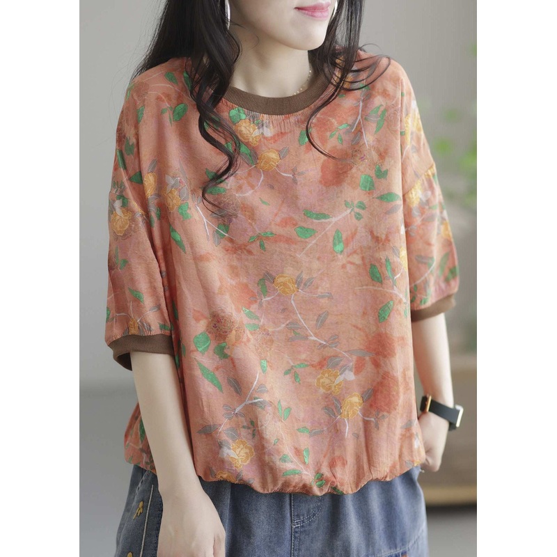Vintage Orange O Neck Patchwork Cotton T Shirt Top Summer