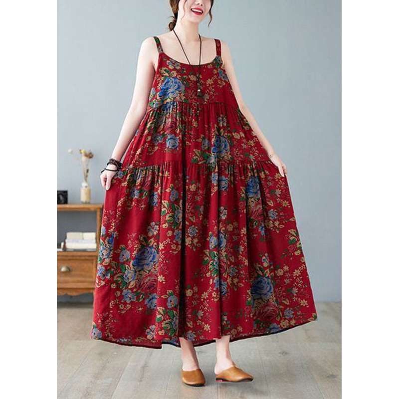 Vintage Red Oversized Print Cotton Spaghetti Strap Dress Dress Summer