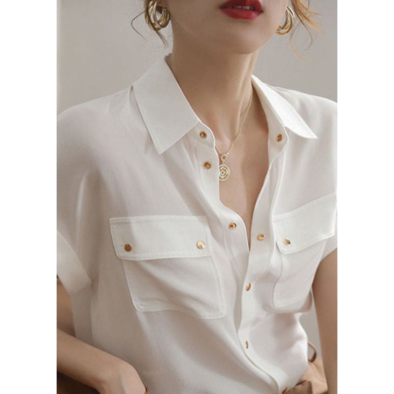 Vintage White Pockets Patchwork Cotton Shirts Top Summer