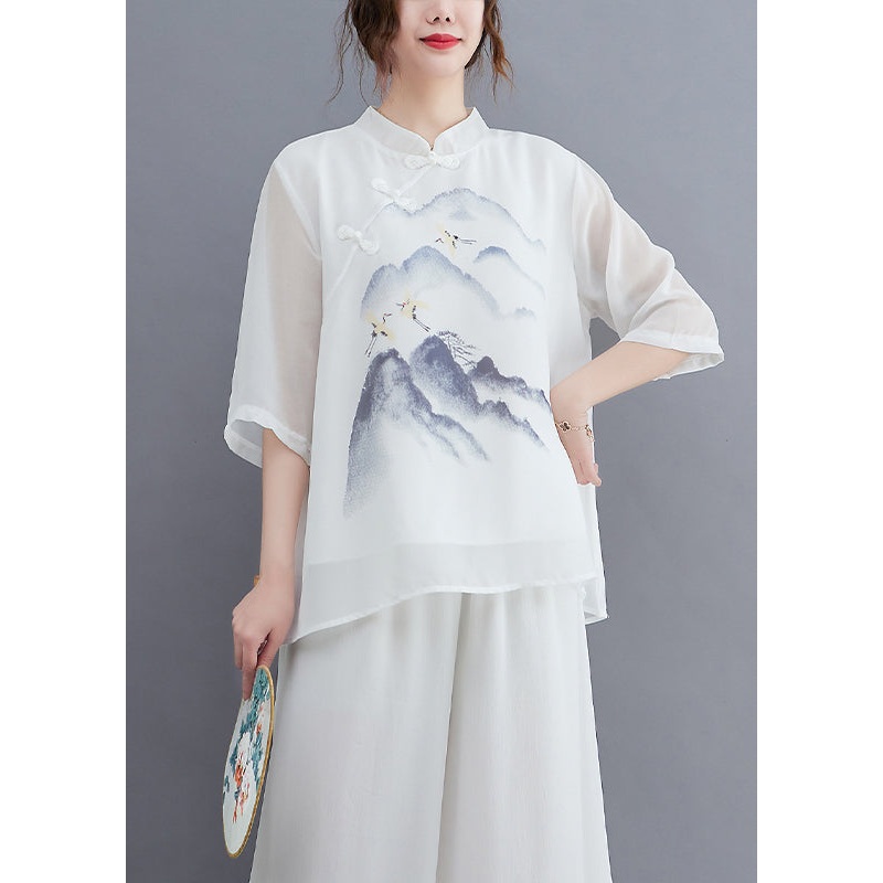Vintage White Stand Collar Print Chinese Button Chiffon Tops And Pants Two Pieces Set Summer