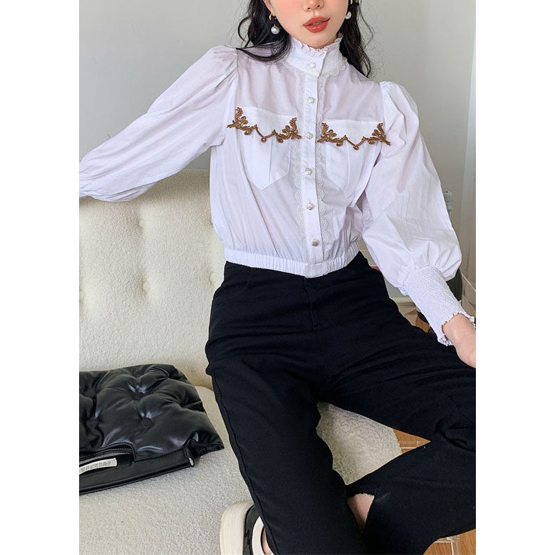 Vintage White Stand Collar Ruffled Patchwork Cotton Blouses Spring