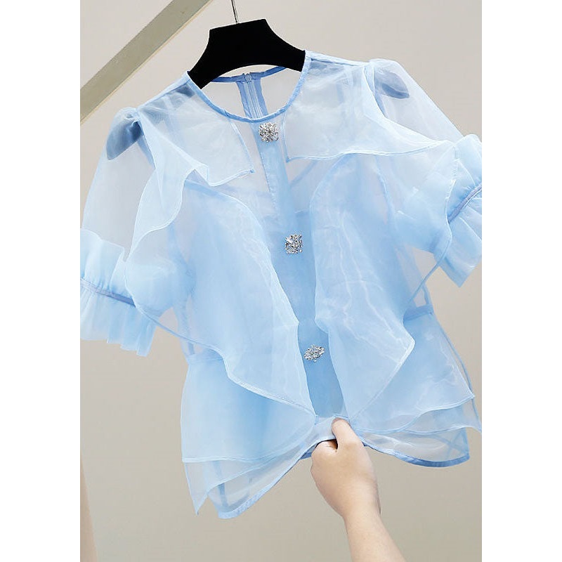 Vogue Baby Blue Ruffled Zircon Patchwork Tulle Blouses Summer
