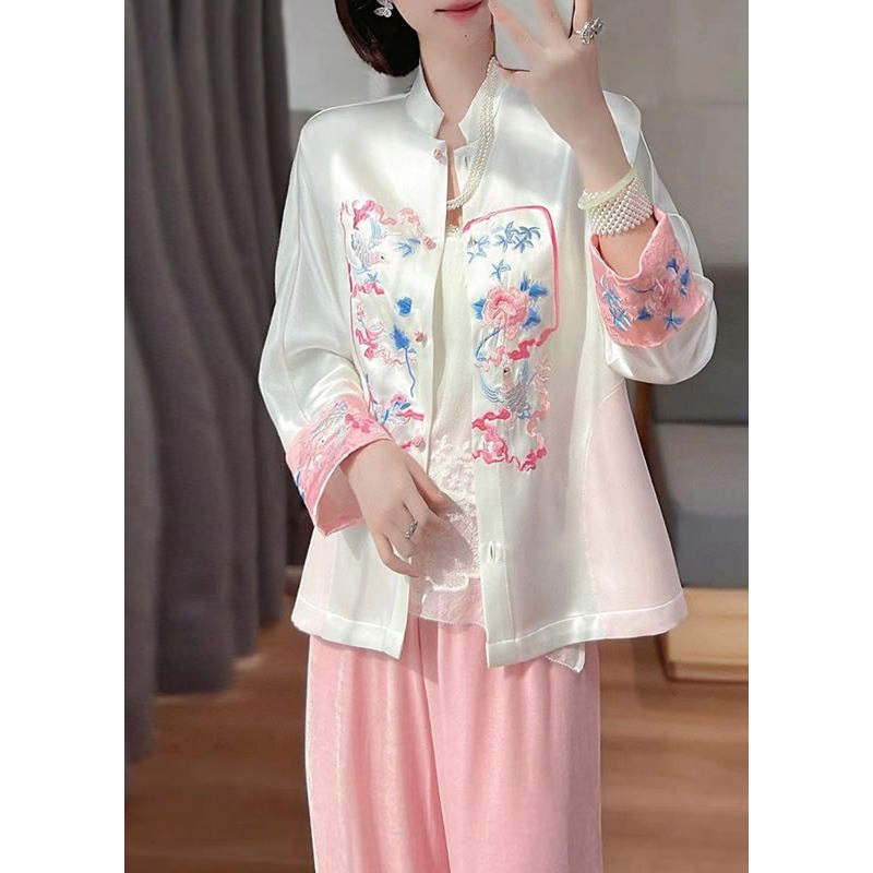 White Oriental Silk Coat Mandarin Collar Embroideried Spring