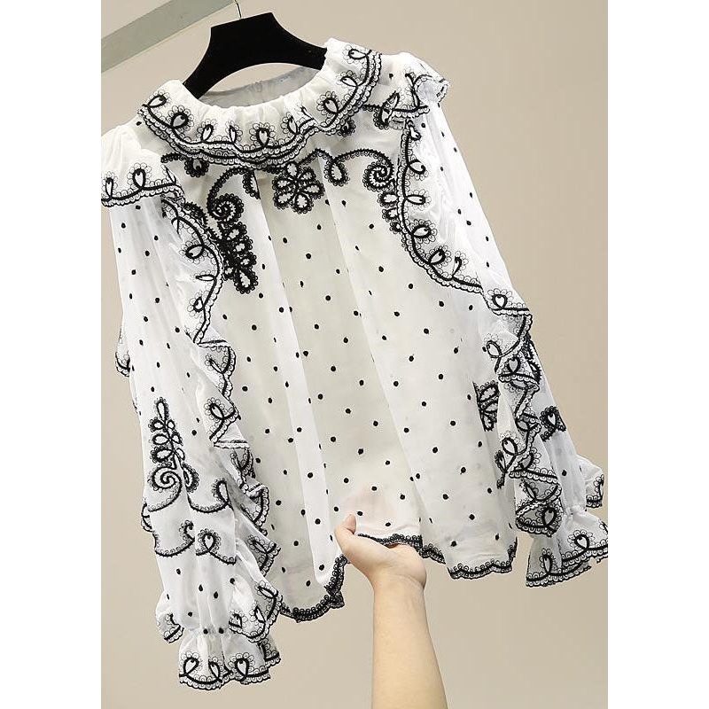 White Patchwork Chiffon Shirt Ruffled Embroidered Spring