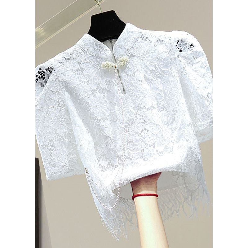 White Patchwork Lace Top Hollow Out Stand Collar Summer