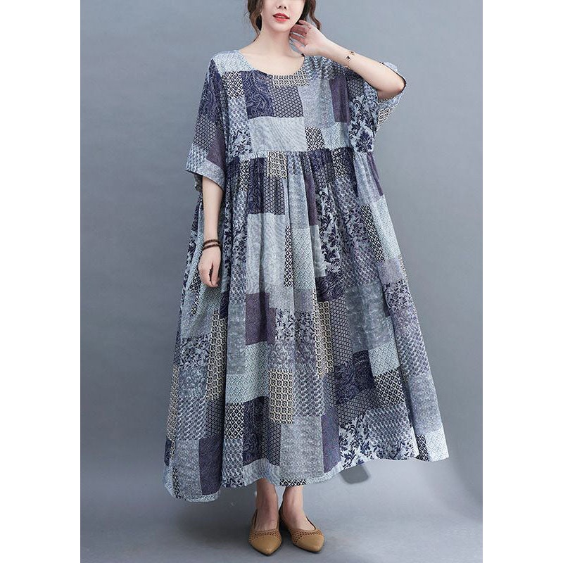 Women Blue Oversized Plaid Cotton Long Dress Summer