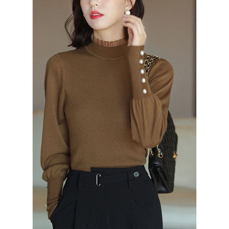 Women Caramel Ruffled Patchwork Wool Knit Pullover Spring