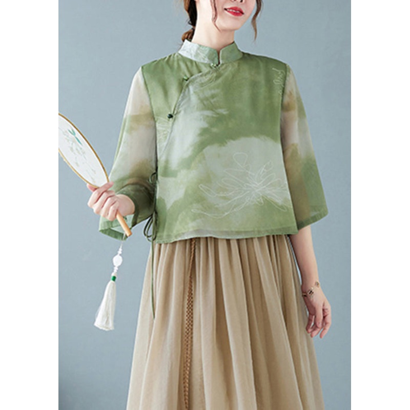 Women Green Stand Collar Tie Dye Silk Blouses Summer