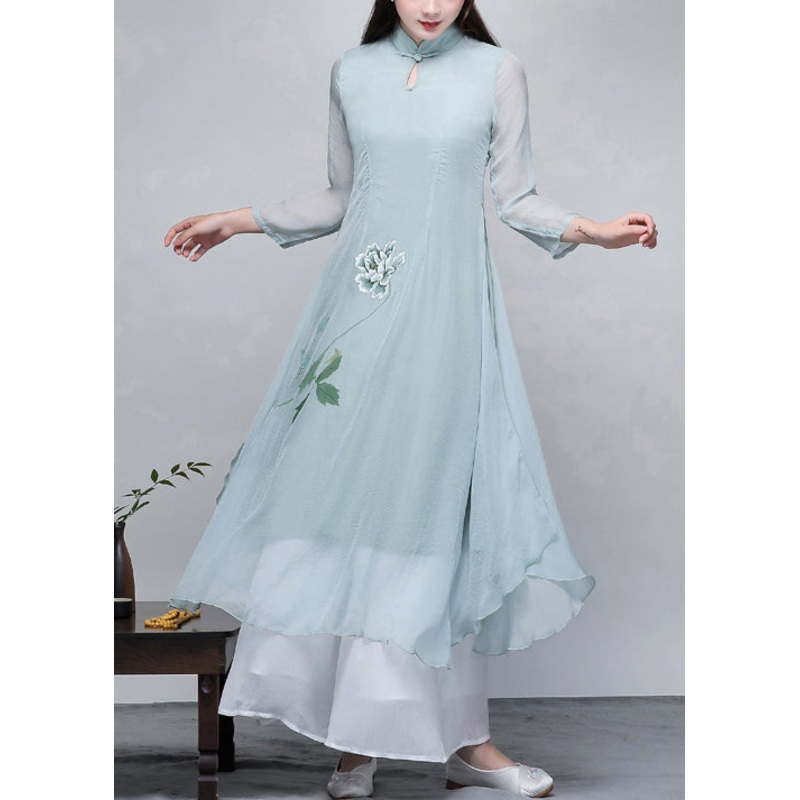 Women Light Blue Print Exra Large Hem Chiffon Dresses Two Piece Set Spring