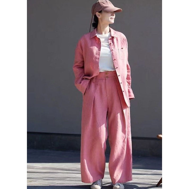 Women Pink High Waist Pockets Linen Straight Pants Spring