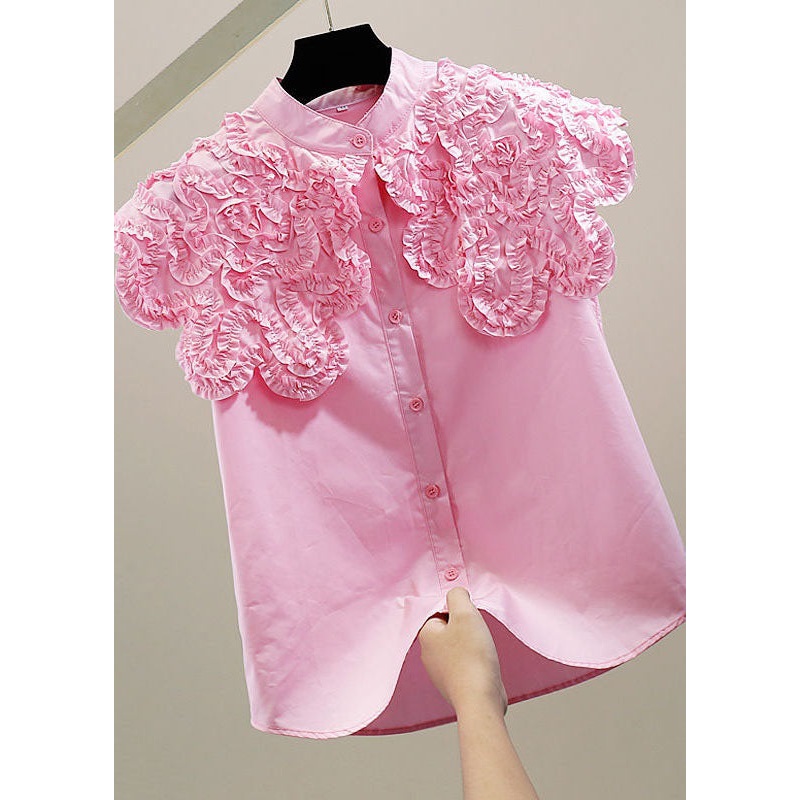 Women Pink Ruffled Patchwork Cotton Shirt Top Sleeveless