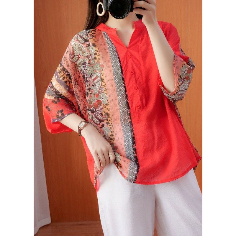 Women Red Oversized Print Cotton Blouse Tops Half Sleeve