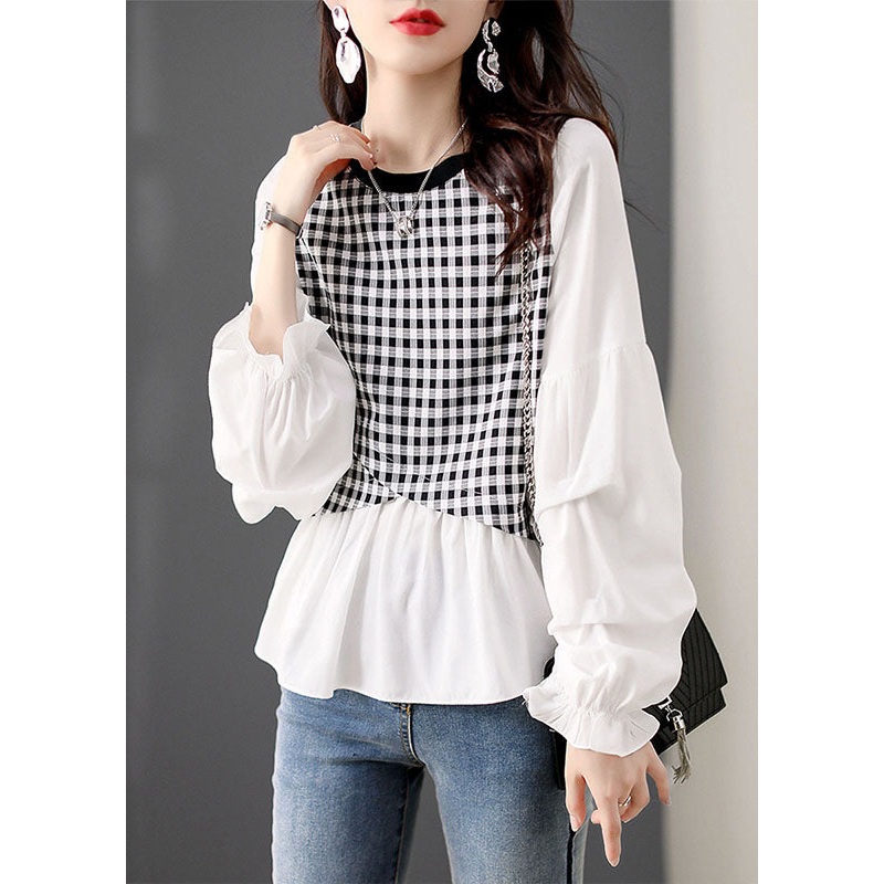 Women White O Neck Plaid Patchwork False Two Pieces Cotton Top Spring