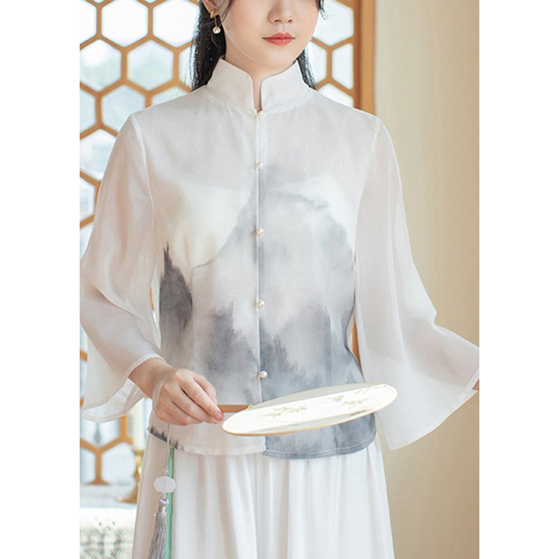 Women White Stand Collar Print Silk Shirt Spring