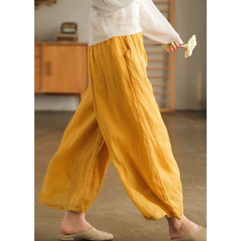 Women Yellow Elastic Waist Oversized Linen Crop Pants Wide Leg Pants Summer