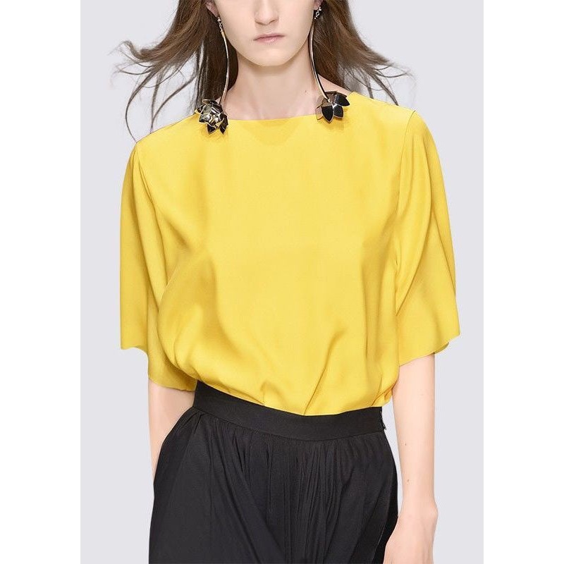 Women Yellow O Neck Patchwork Cotton T Shirt Tops Summer
