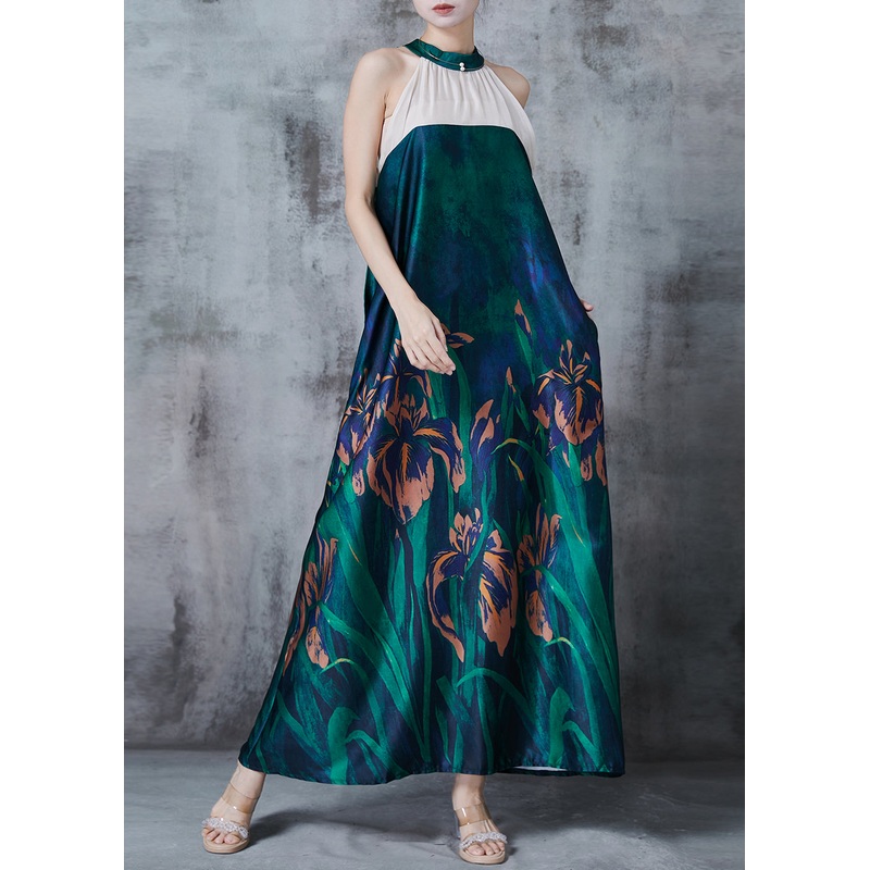 Art Peacock Green Cold Shoulder Patchwork Silk Halter Dress Summer