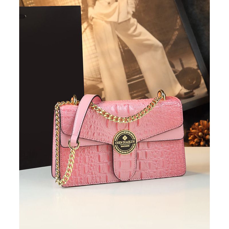 Beautiful Pink Embossed Calf Leather Chain Linked Satchel Handbag