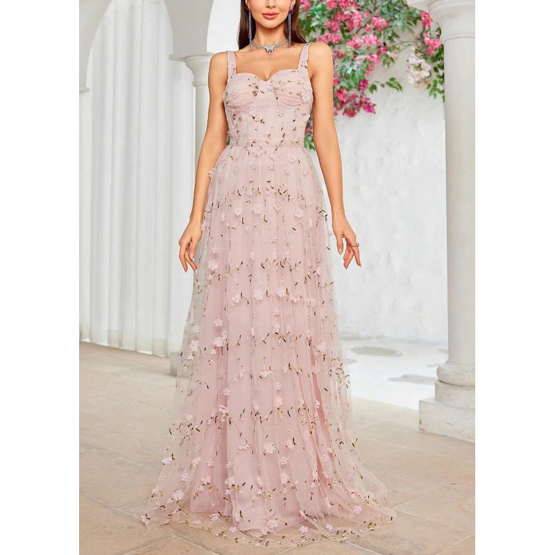 Beautiful Pink Zippered Backless Tulle Spaghetti Strap Dress Sleeveless