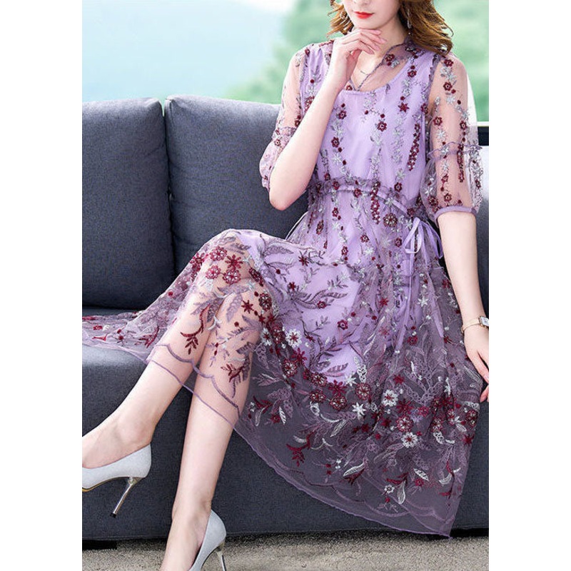 Beautiful Purple Embroideried Hollow Out Tulle Long Dress Summer