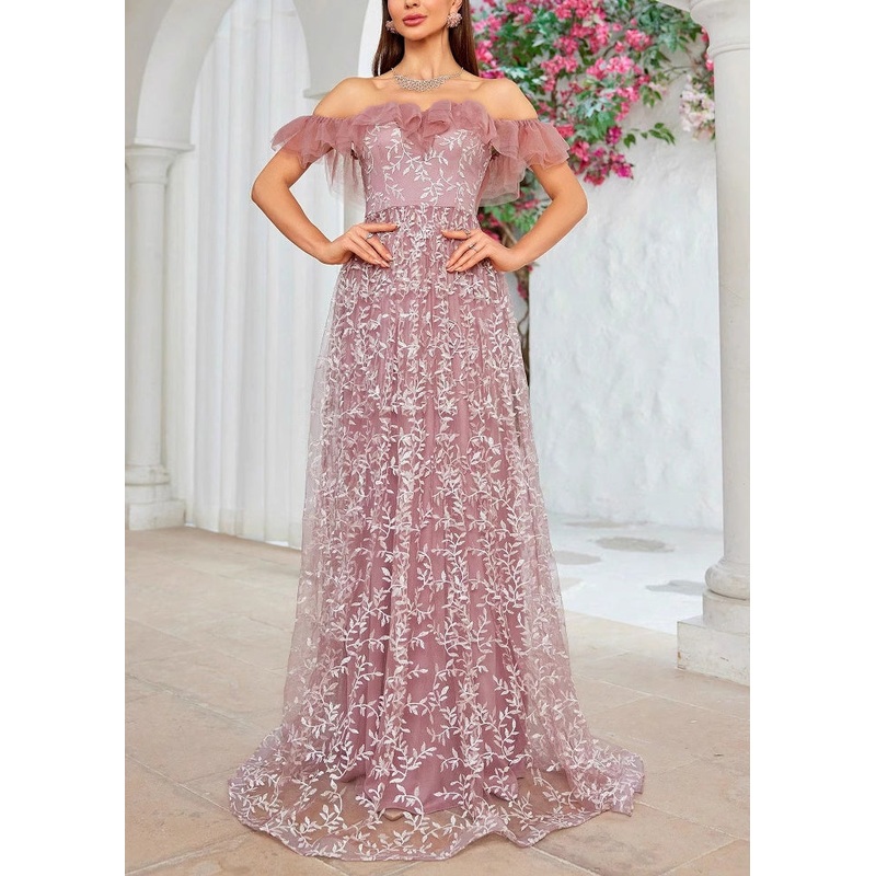 Beautiful Slash Neck Embroidery High Waist Tulle Maxi Dresses Summer