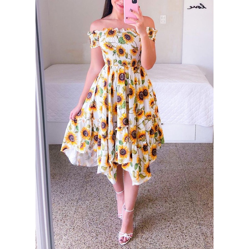Beautiful Sunflower Slash Neck Print Ruffled Cotton Dress Summer