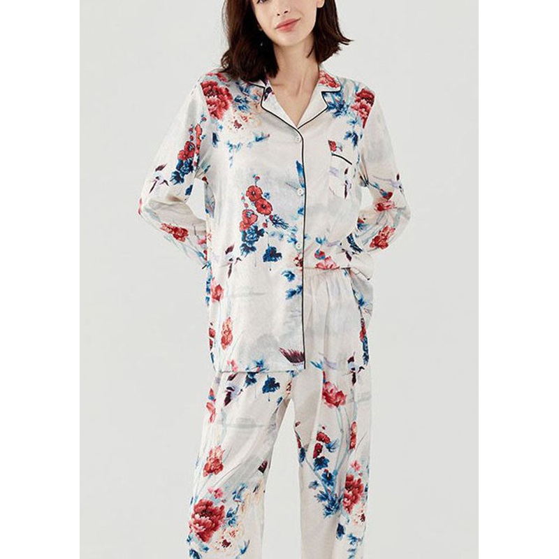 Beautiful White Peter Pan Collar Ink And Wash Ice Silk Pajamas Two Pieces Set Spring