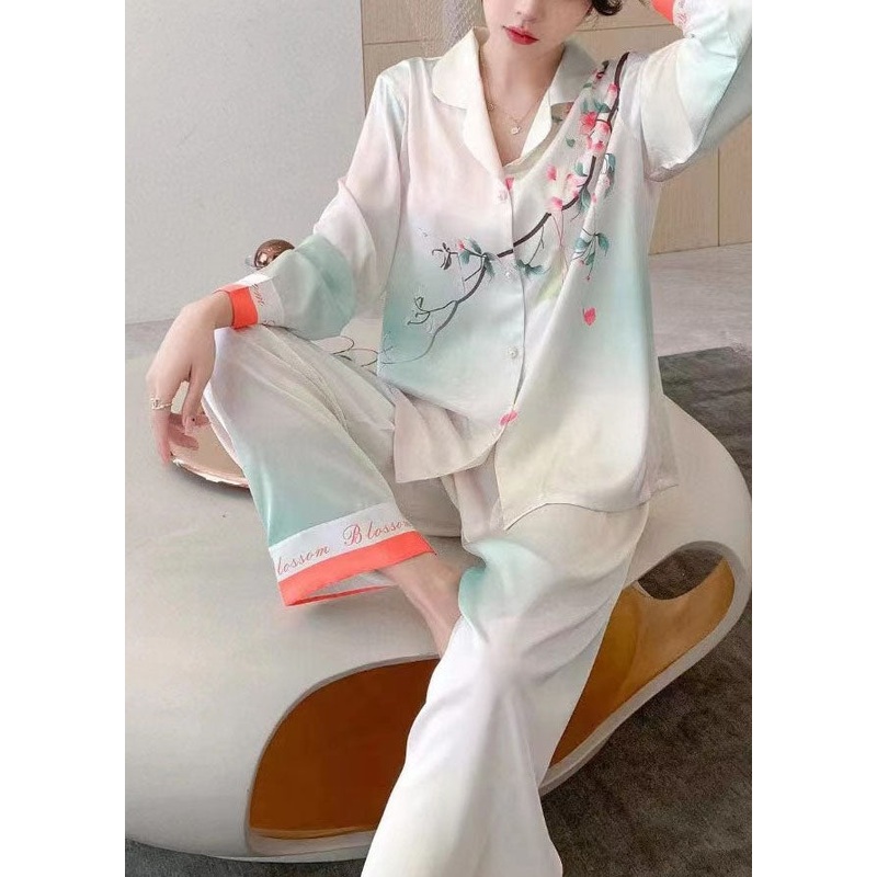 Beautiful White Turn-down Collar Print Draping Ice Silk Pajamas Two Piece Set Women Clothing Spring