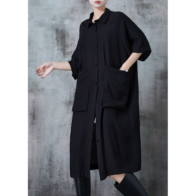 Black Big Pockets Linen Shirt Dress Oversized Summer
