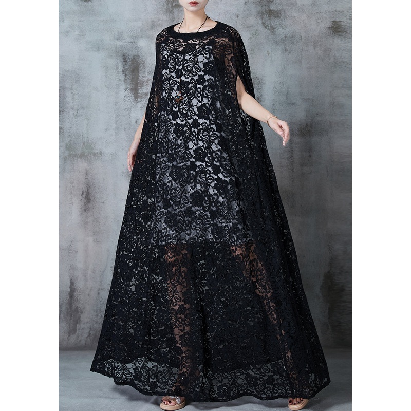 Black Tulle Long Dresses Embroidered Hollow Out Summer