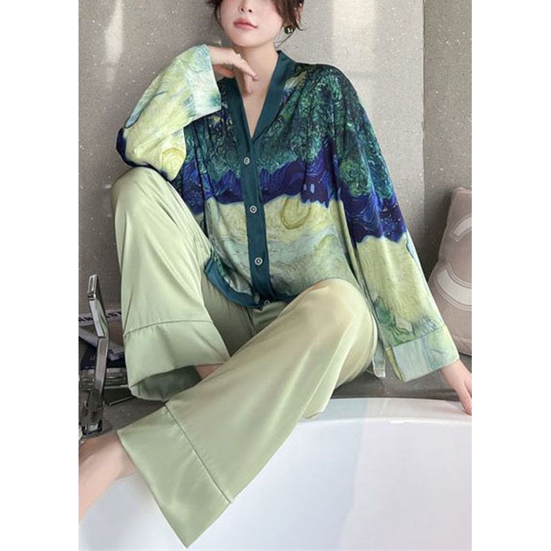 Bohemian Green V Neck Tie Dye Ice Silk Pajamas Two Pieces Set Spring