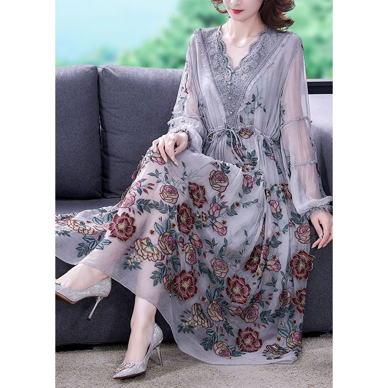 Bohemian Grey V Neck Patchwork Embroideried Tulle Cinched Dress Spring
