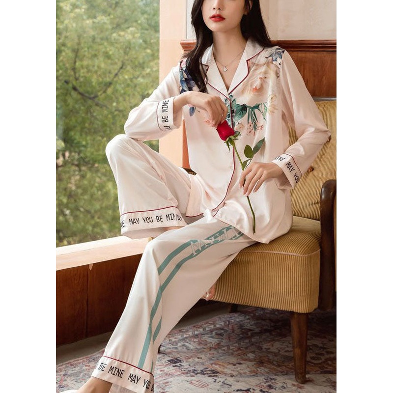 Bohemian Pink Print Peter Pan Collar Ice Silk Pajamas Two Piece Suit Set Spring