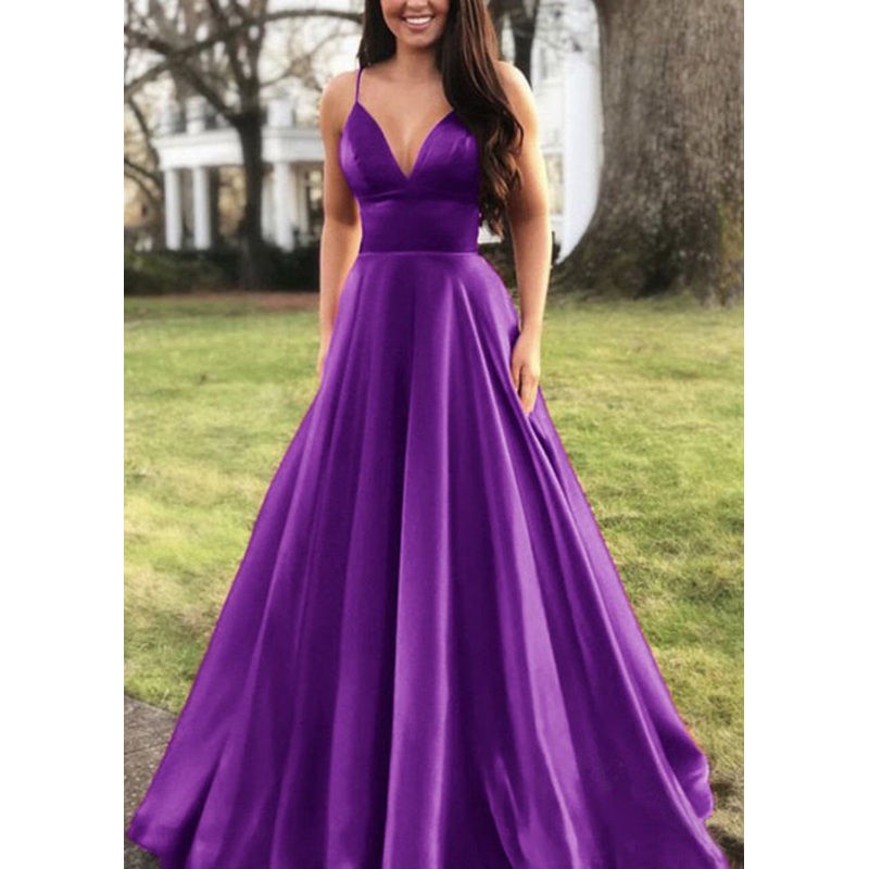 Bohemian Purple V Neck High Waist Solid Silk Spaghetti Strap Dress Sleeveless