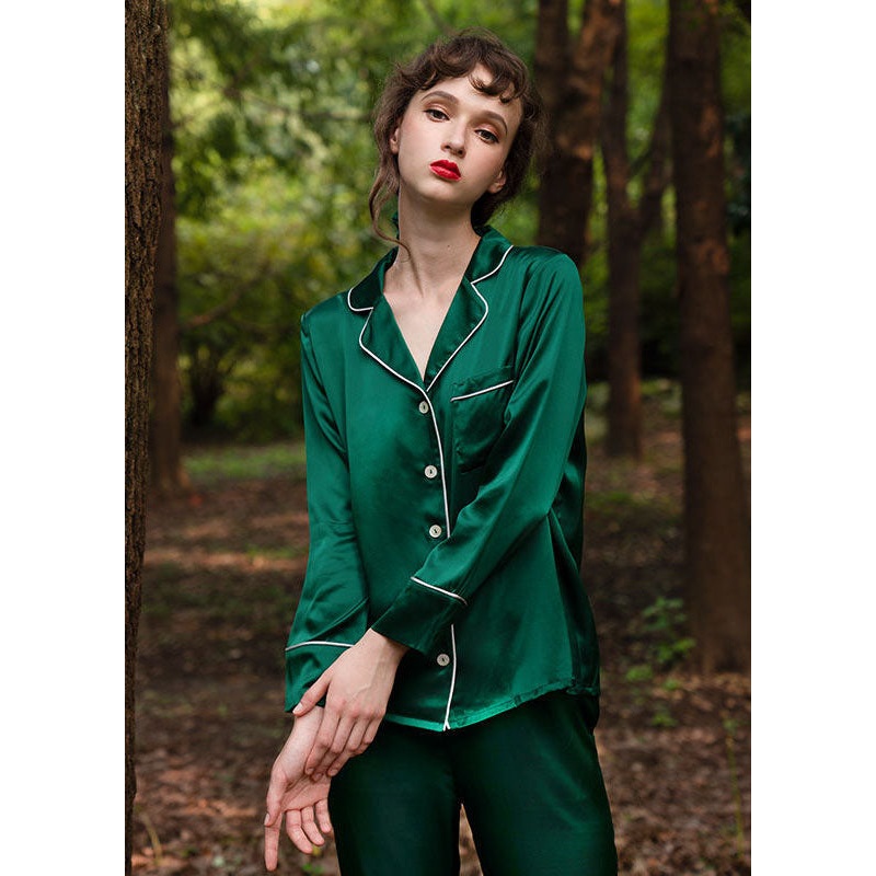 Boho Blackish Green Notched Collar Button Ice Silk Pajamas Two Piece Suit Set Spring