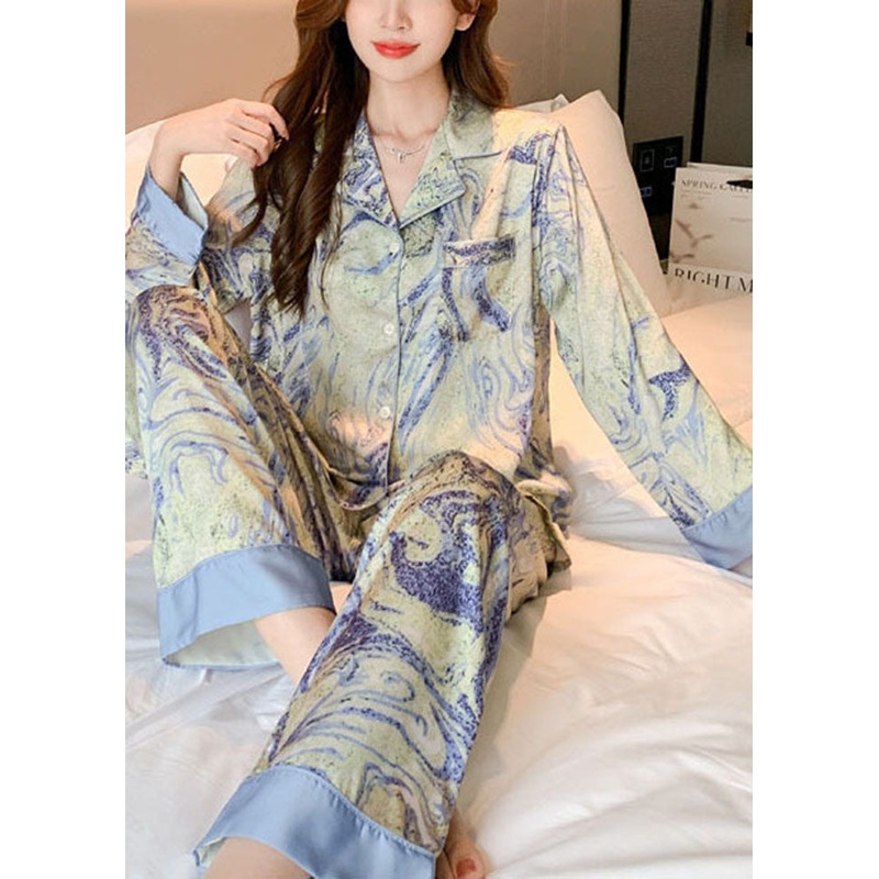 Boho Blue Oversized Tie Dye Ice Silk Pajamas Two Pieces Set Spring