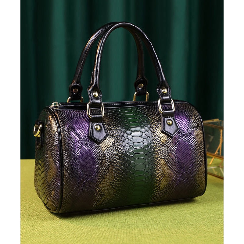 Boho Purple Embossed Durable Calf Leather Tote Handbag