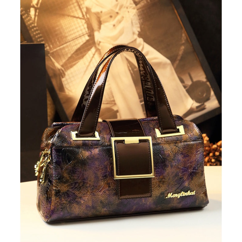 Boutique Coffee Purple Embossed Durable Calf Leather Tote Handbag