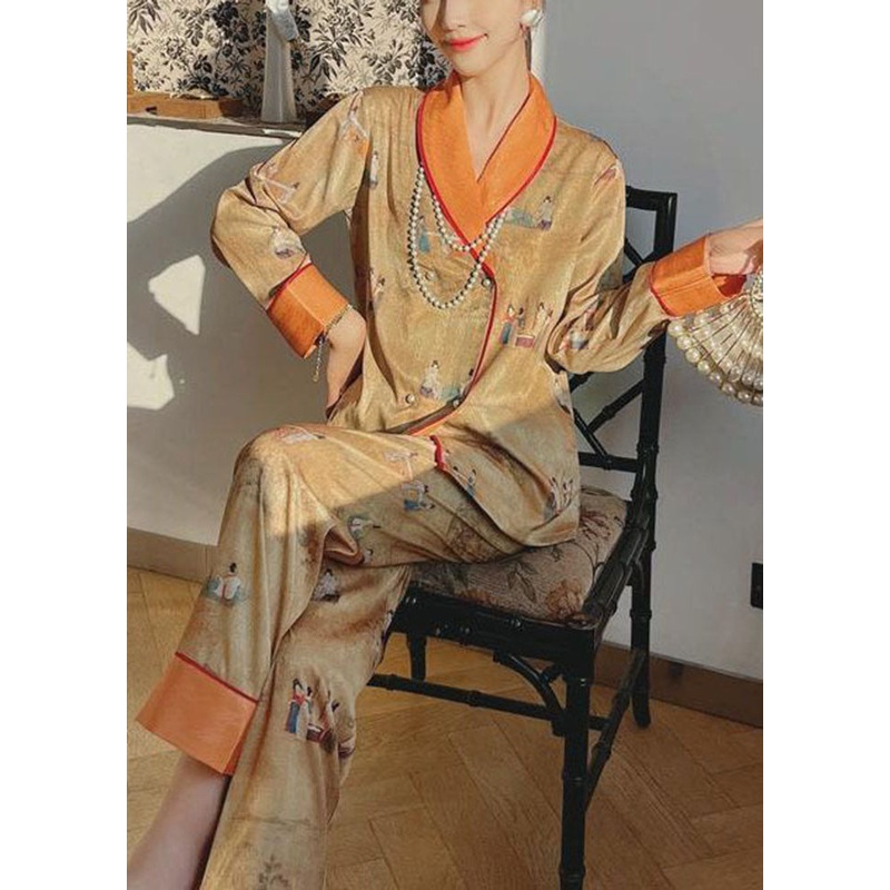 Boutique Khaki Oriental Print Oversized Double Breast Ice Silk Pajamas Two Piece Set Spring
