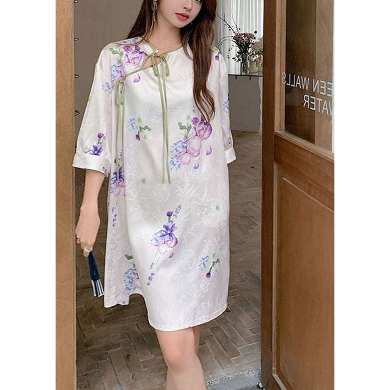 Boutique Oversized Print Lace Up Ice Silk Mid Dresses Half Sleeve