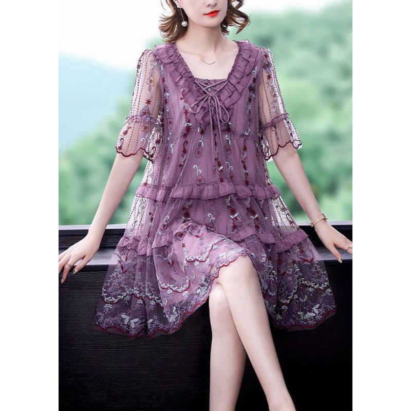 Boutique Purple Ruffles Print Hollow Out Tulle A Line Dresses Summer
