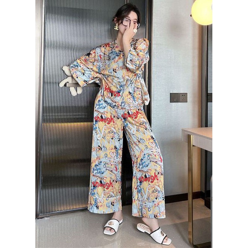Casual Oversized Poor Handwriting Ice Silk Pajamas Two Pieces Set Batwing Sleeve