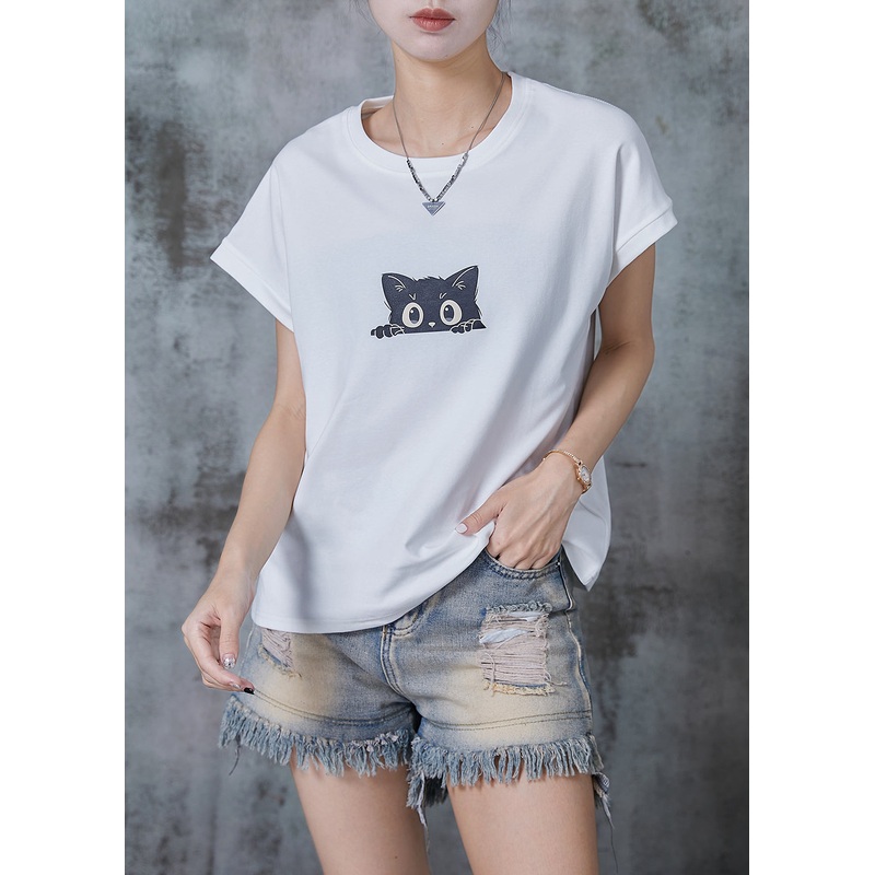 Casual White Cat Print Cotton Tank Tops Summer