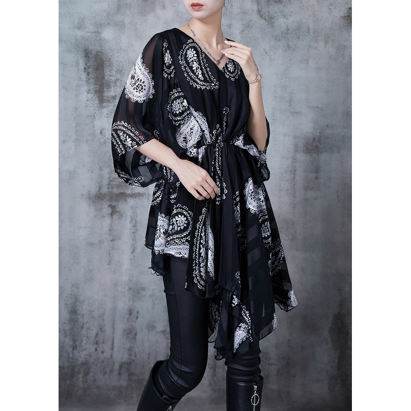 Chic Black Asymmetrical Print Chiffon Shirt Summer