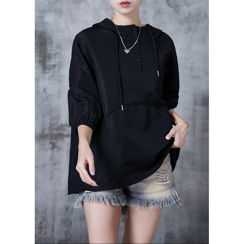 Chic Black Hooded Wrinkled Cotton Pullover Tops Summer