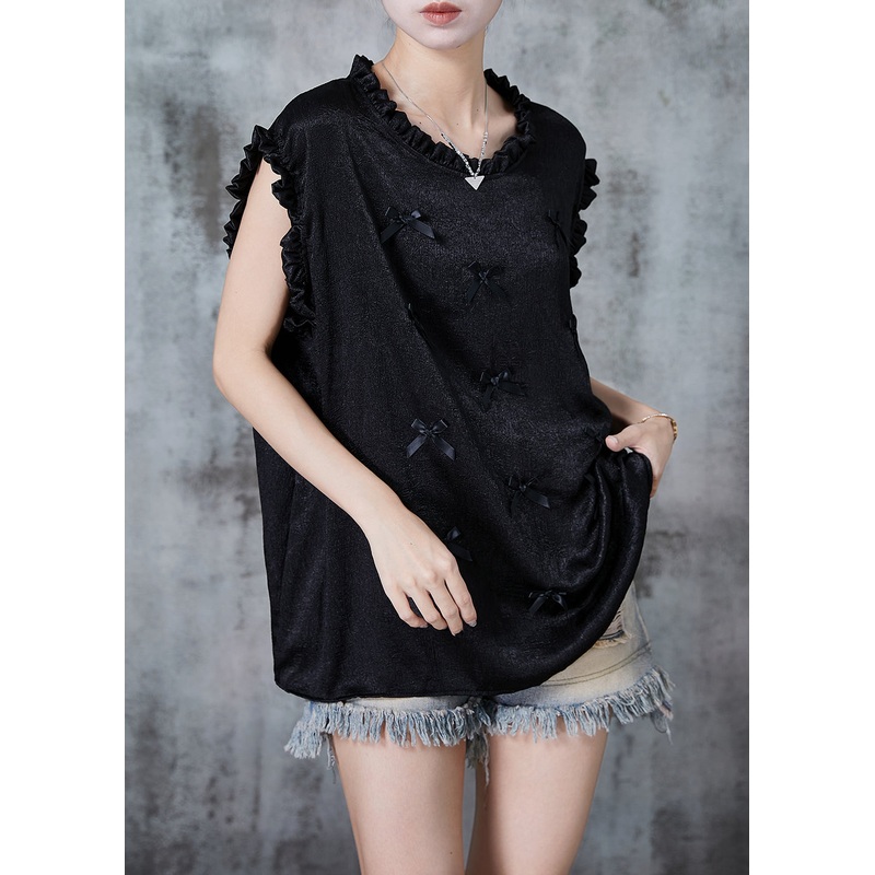 Chic Black Ruffled Bow Silk Tank Summer