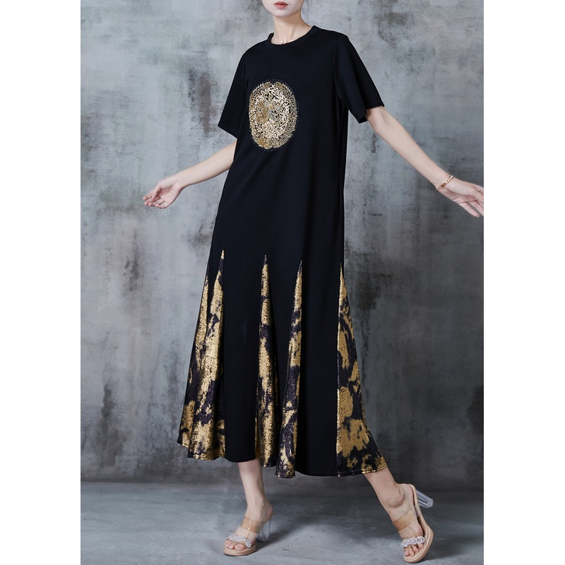 Chic Black Sequins Patchwork Cotton Robe Dresses Summer